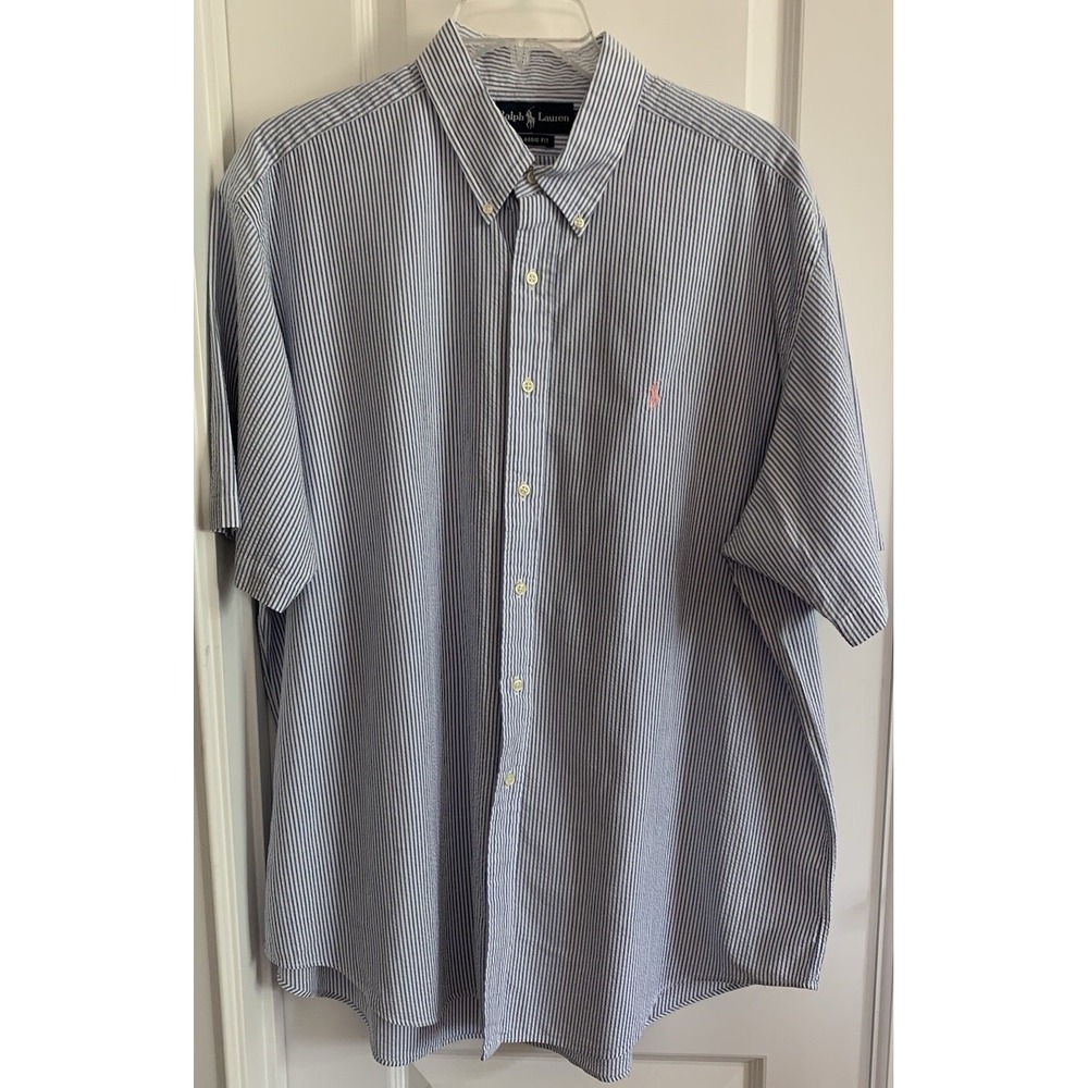 Vintage Ralph Lauren Polo Men's‎ Shirt Blue Seersucker Short Sleeve Size XXL
